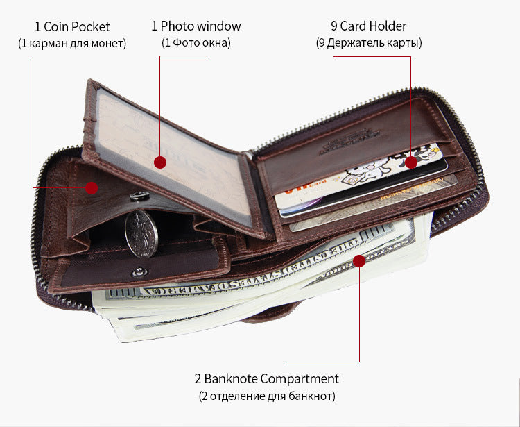 Leather Zipper Crazy Horse Leather Men&#39;s Bag Retro Large-capacity Soft Wallet Leather Wallet Men&#39;s Bag