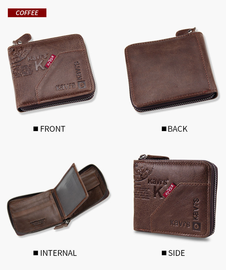 Leather Zipper Crazy Horse Leather Men&#39;s Bag Retro Large-capacity Soft Wallet Leather Wallet Men&#39;s Bag