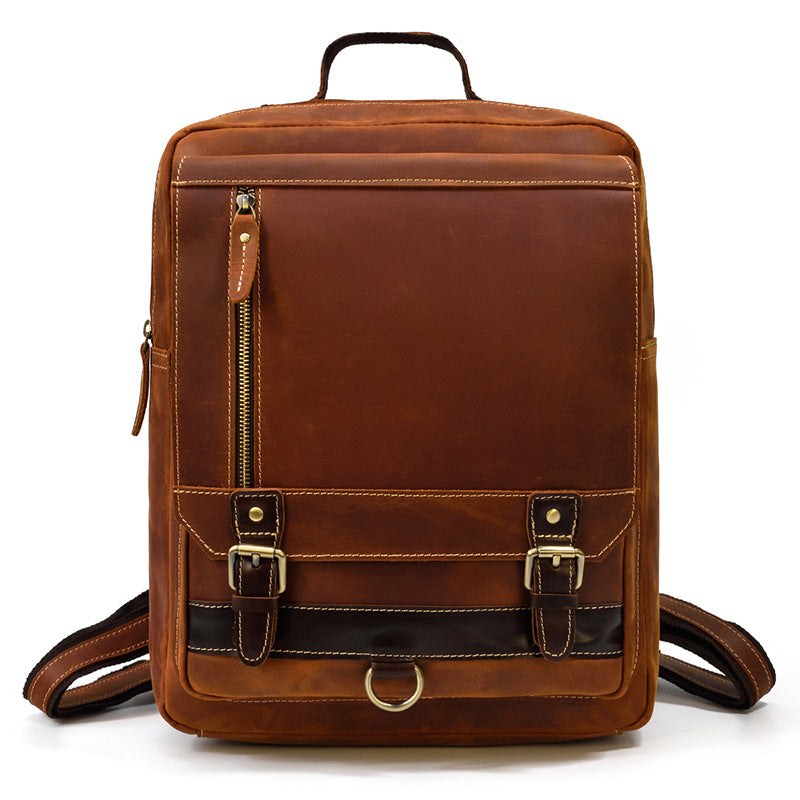 Retro Men&#39;s Backpack Leather Student School Bag Crazy Horse Leather Flap Backpack Top Layer Leather Leisure Travel Bag