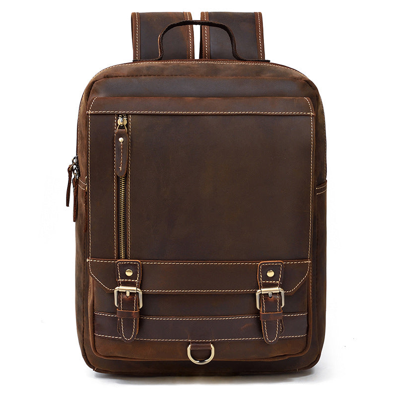 Retro Men&#39;s Backpack Leather Student School Bag Crazy Horse Leather Flap Backpack Top Layer Leather Leisure Travel Bag