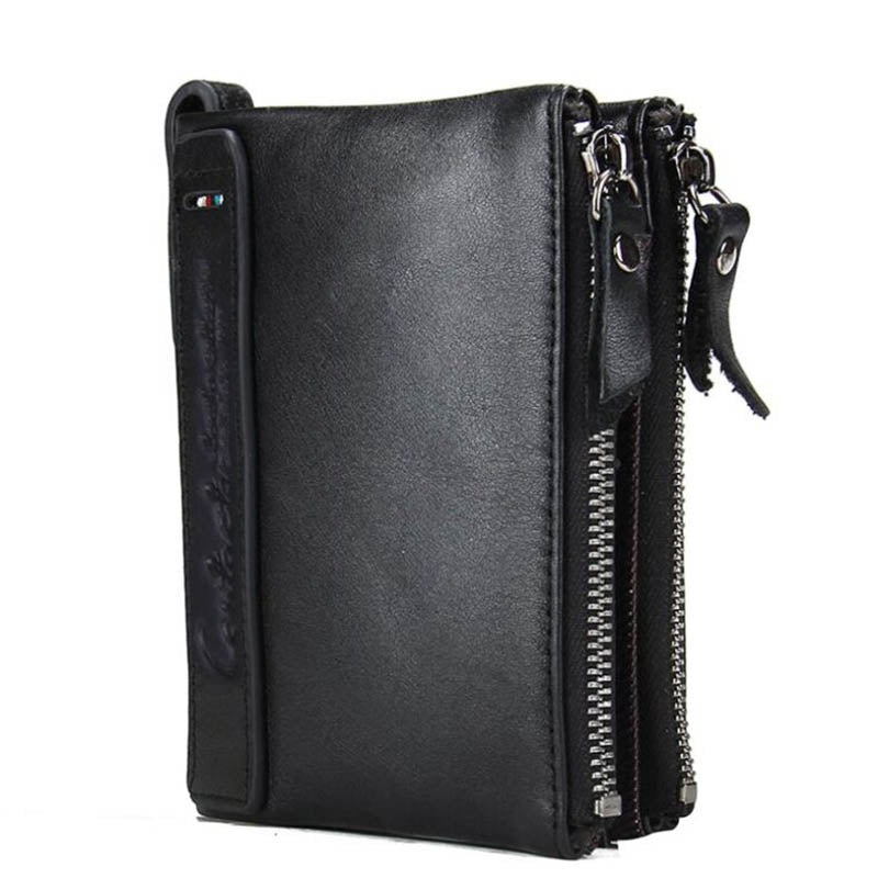 Black Angel Leather Men&#39;s Wallet Short Fashion Coin Purse Crazy Horse Cowhide Double Zipper Wallet