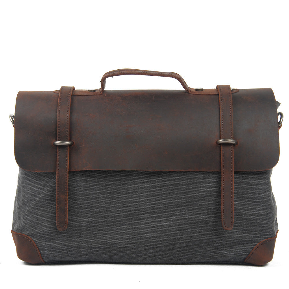 Men&#39;s Cowhide Crazy Horse Leather With Canvas Shoulder Bag Men&#39;s Bag
