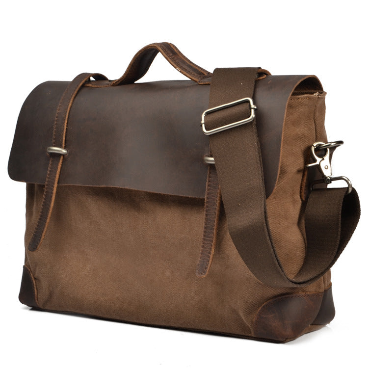 Men&#39;s Cowhide Crazy Horse Leather With Canvas Shoulder Bag Men&#39;s Bag