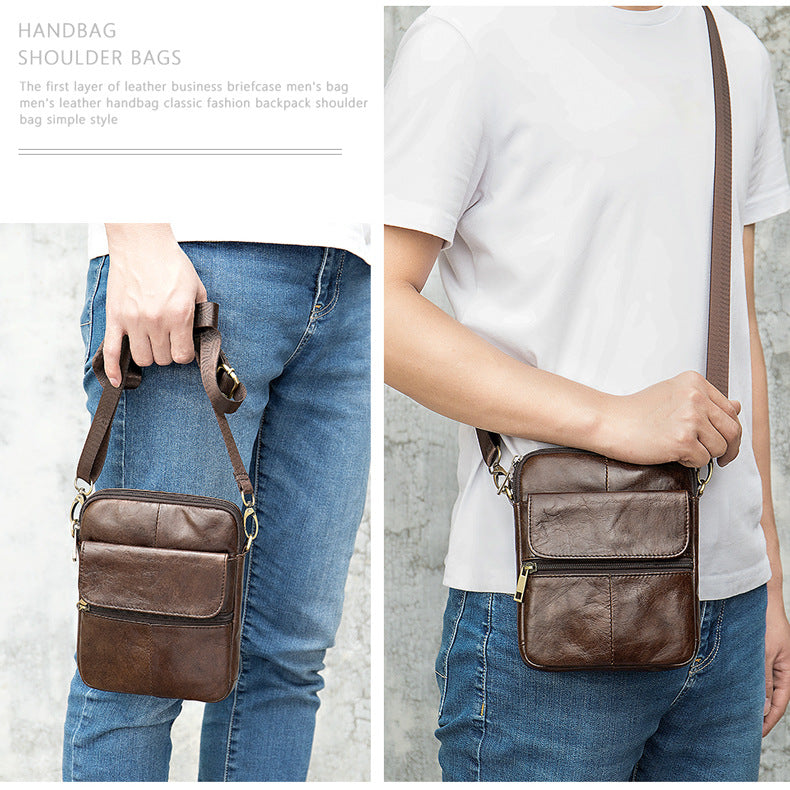 Men&#39;s Waist Bag New Messenger Bbag Shoulder Bag Men&#39;s Bag Leather Men Bags First Layer Leather Large Screen Mobile Phone Bag