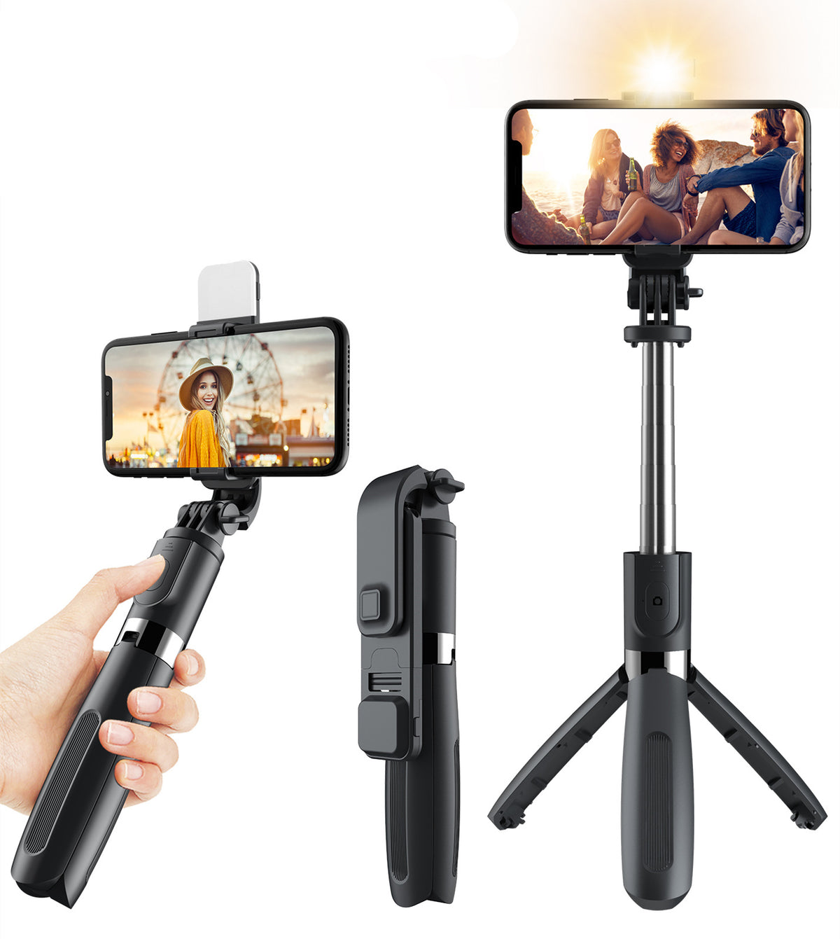 Compatible with Apple, 3 In1 Bluetooth Wireless Selfie Stick Tripod 102cm Foldable &amp; Monopods Universal Phone Tripod