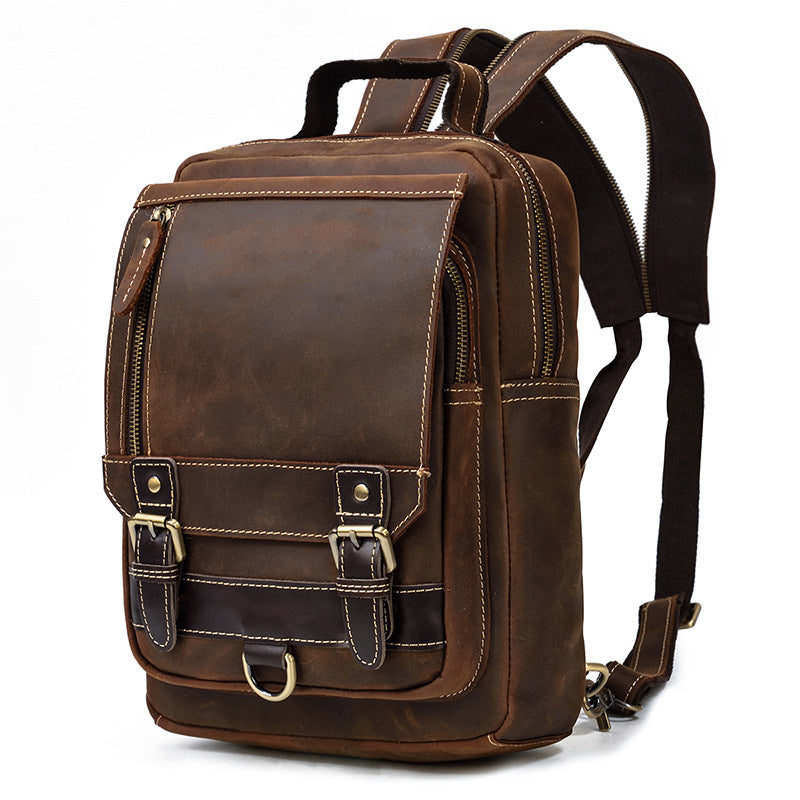 Horse Leather Men&#39;S Backpack Multifunctional Leather Student Backpack Outdoor Travel Chest Bag Messenger Bag