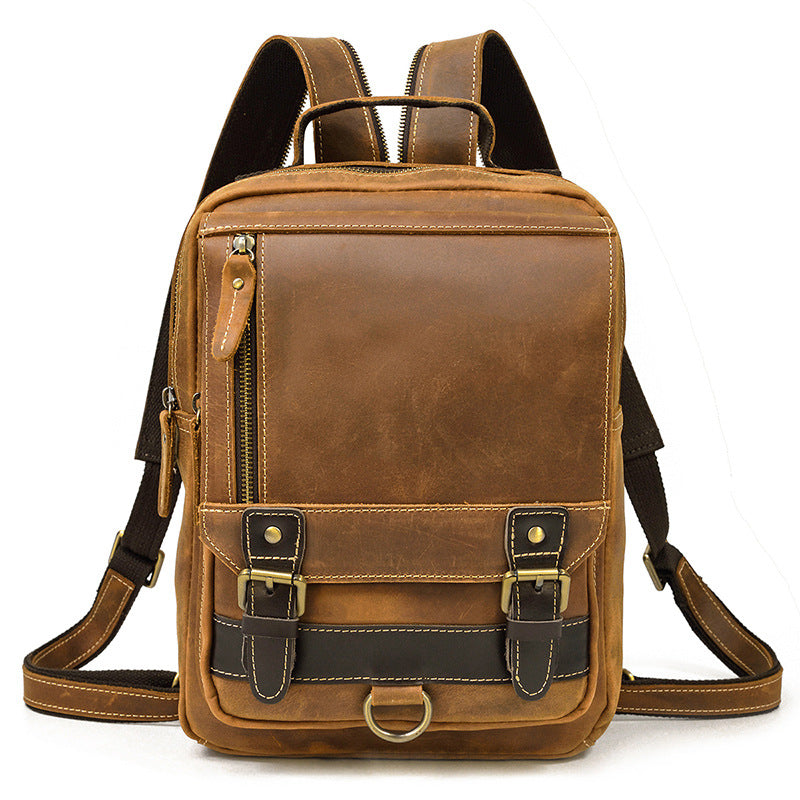 Horse Leather Men&#39;S Backpack Multifunctional Leather Student Backpack Outdoor Travel Chest Bag Messenger Bag