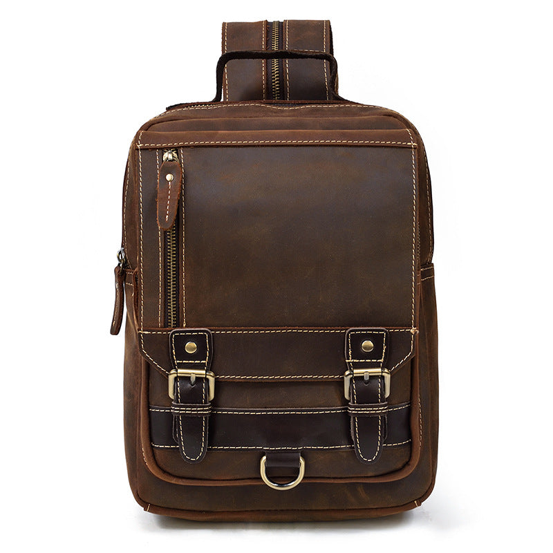 Horse Leather Men&#39;S Backpack Multifunctional Leather Student Backpack Outdoor Travel Chest Bag Messenger Bag