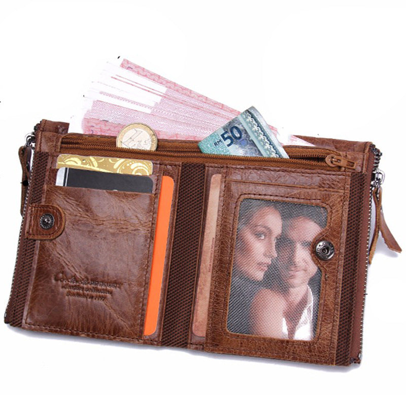 Cowhide double zipper wallet