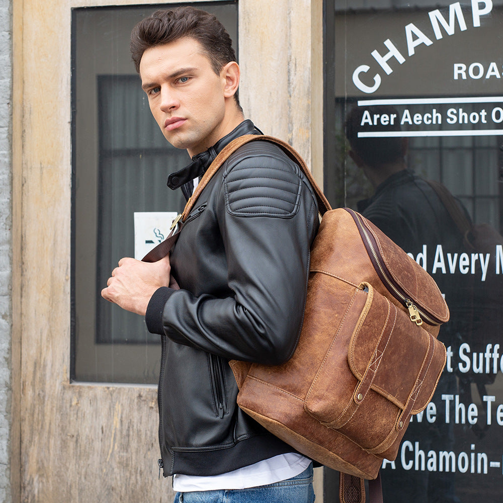 Men&#39;s Leather Backpack Outdoor Travel Bucket Backpack Large Capacity