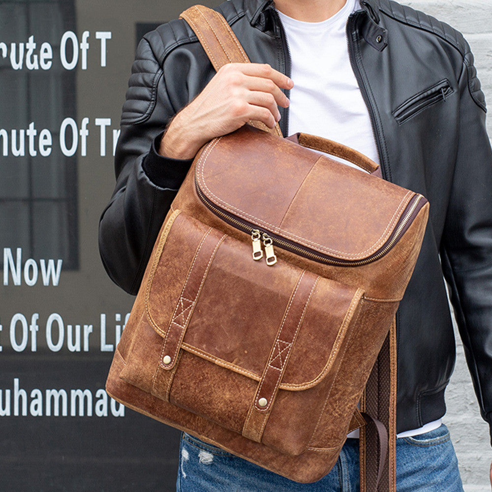 Men&#39;s Leather Backpack Outdoor Travel Bucket Backpack Large Capacity
