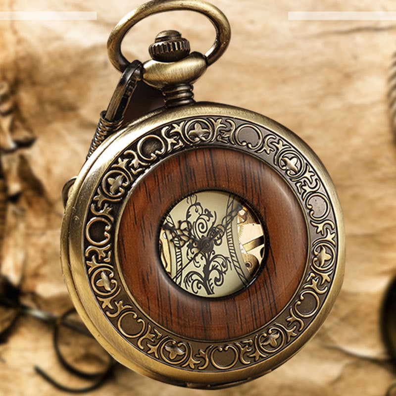 Vintage Luxury Wooden Circle Skeleton Big Pocket Watch