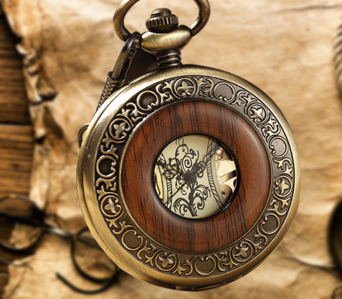 Vintage Luxury Wooden Circle Skeleton Big Pocket Watch