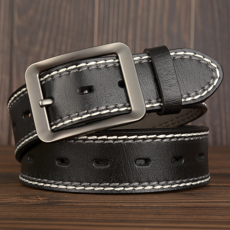 Two-Line Real Cowhide Men&#39;s Belt With Japanese Buckle