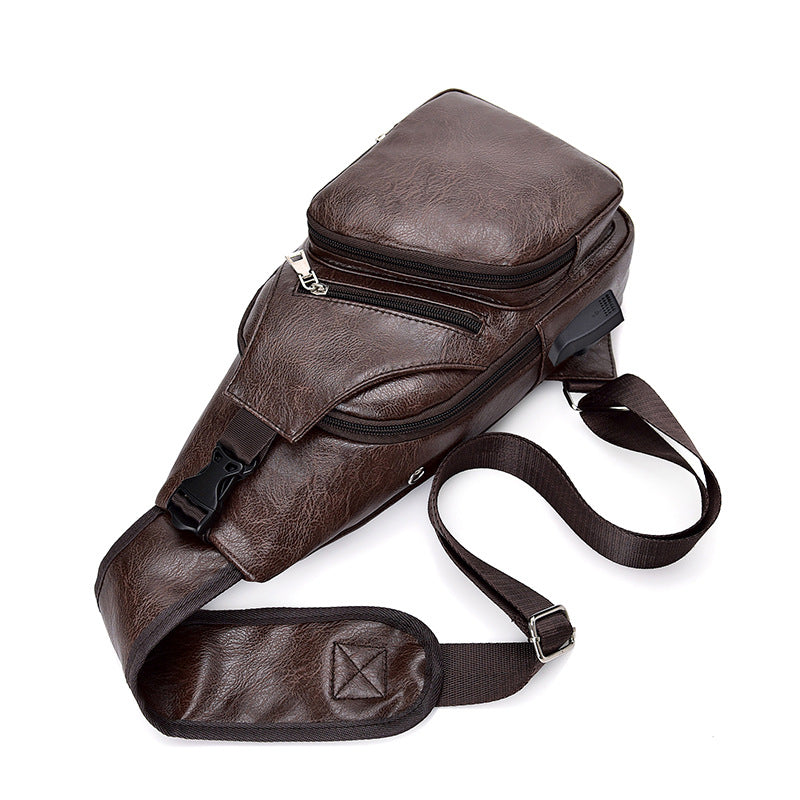 Backpack Male USB Charging Anti-theft Chest Bag Casual Retro Pu Shoulder Bag Men&#39;s Outdoor Riding Sports Messenger Bag