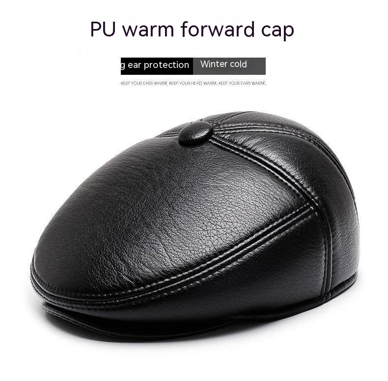 Grandpa Leather Hat Men&#39;s Autumn And Winter Fleece-lined Warm Leisure PU Ears Protection Peaked Cap