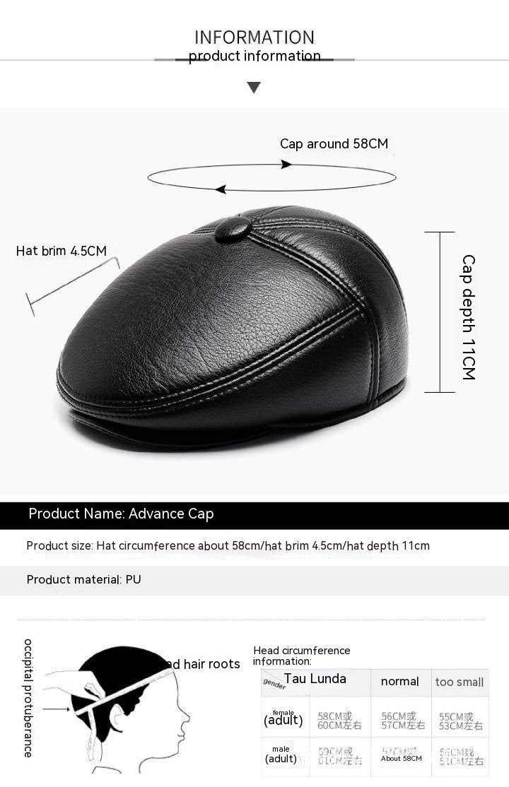 Grandpa Leather Hat Men&#39;s Autumn And Winter Fleece-lined Warm Leisure PU Ears Protection Peaked Cap