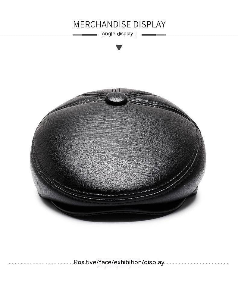 Grandpa Leather Hat Men&#39;s Autumn And Winter Fleece-lined Warm Leisure PU Ears Protection Peaked Cap