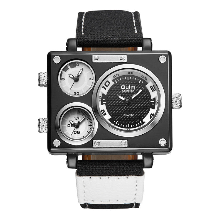 Men&#39;s Multi Time Zone Canvas Square Dial Plate Watch