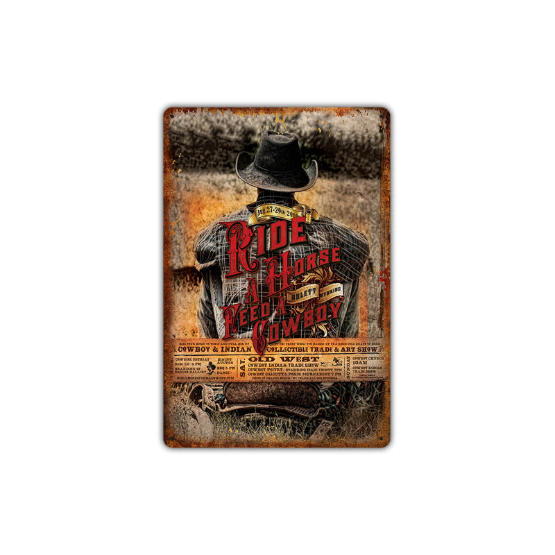 Western cowboy vintage tin painting