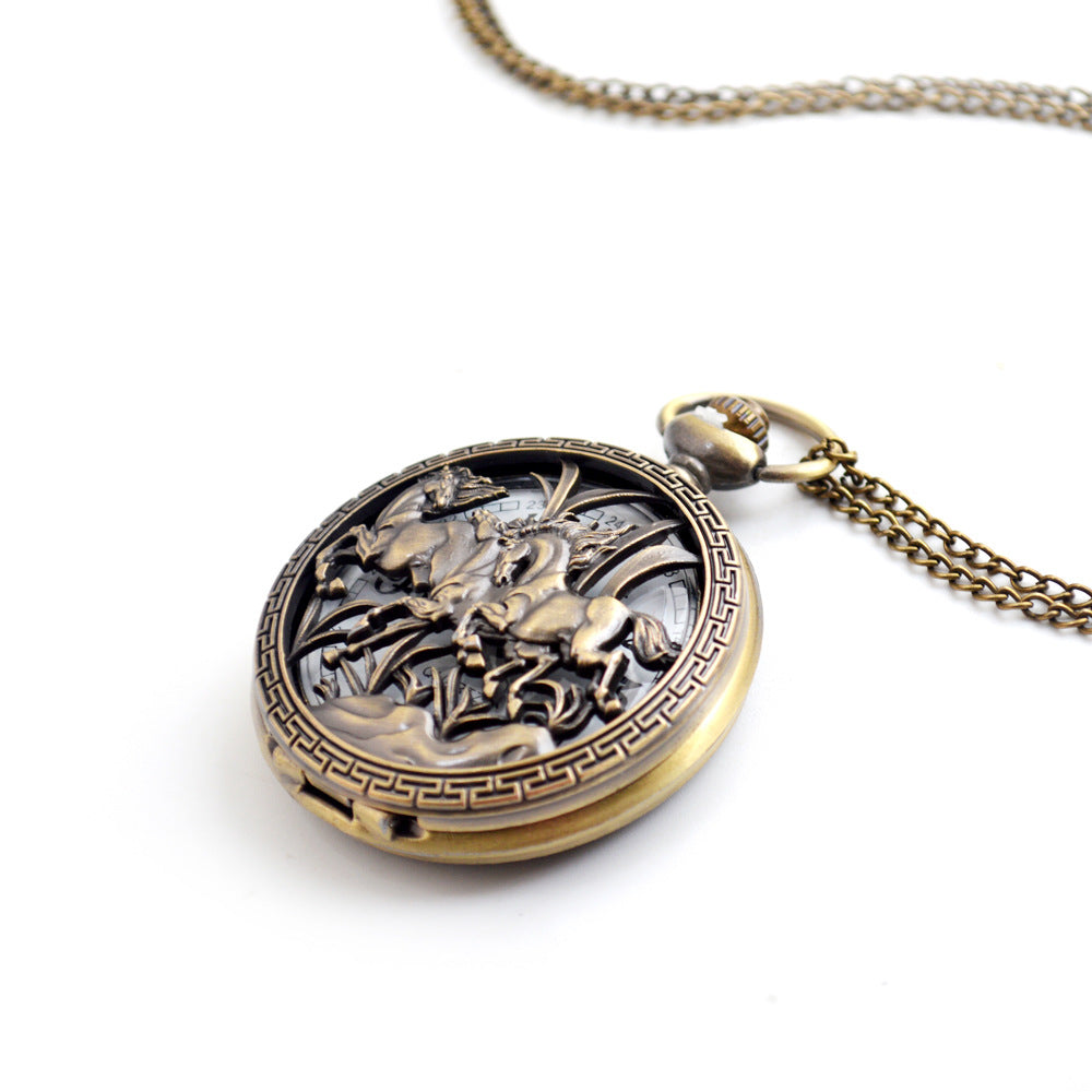 Men&#39;s Three Horses Skeleton Quartz Pocket Watch