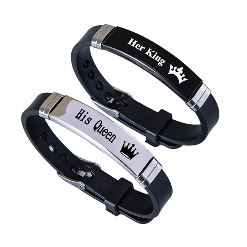 Crown Her King His Queen Stainless Steel Silicone Couple Bracelet Bangle