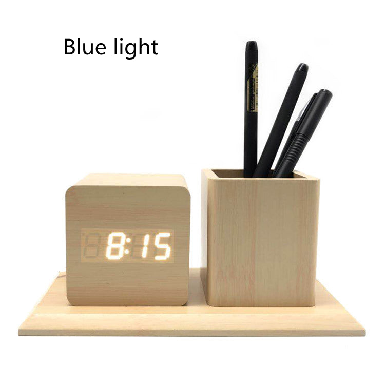 Fashion Led Wood Pen Holder Alarm Clock Student Digital Mute