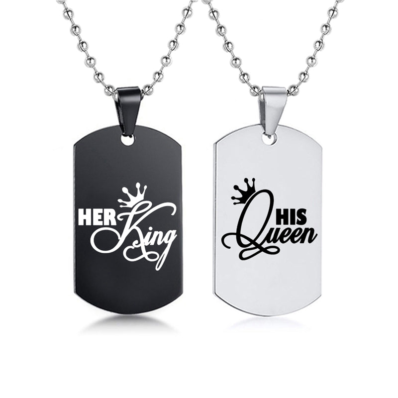 Her King His Queen Stainless Steel Dog Tags Couple Necklace