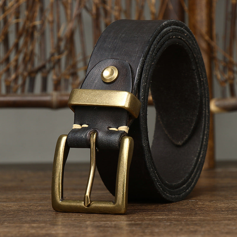 Retro Style Belt Men&#39;s Genuine Cattlehide Leather Surface Brass Buckle Denim Overalls Belt