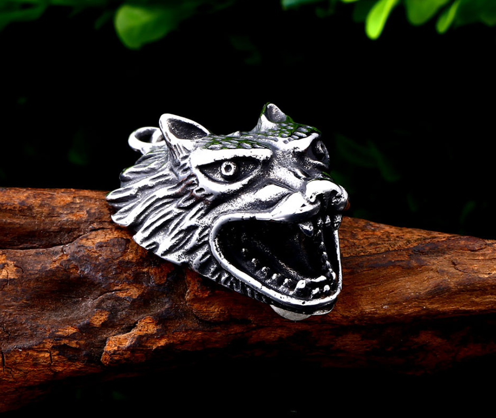 Stainless Steel Viking Wolf Head Men&#39;s Pendant
