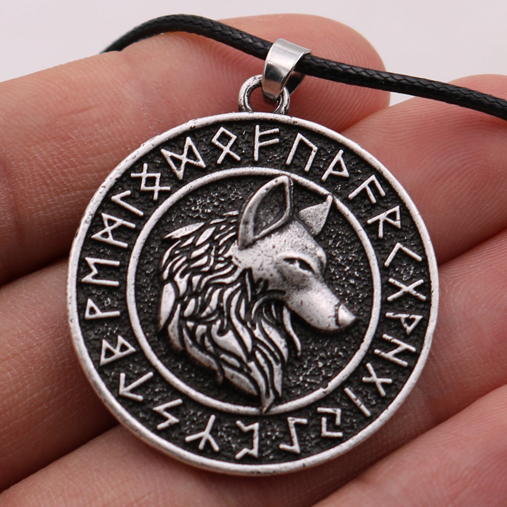 Viking Wolf Head Rune Necklace Metal Men&#39;s Pendant