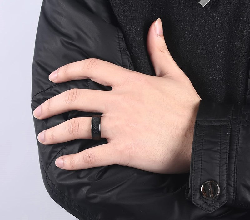 Black Carbon Fiber Inlay Men&#39;s Wedding Brand Ring Stainless Steel Jewelry Dropshopping 8mm