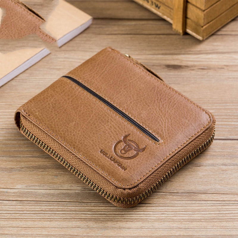Genuine Leather Men&#39;s Horizontal Multi-card Zipper