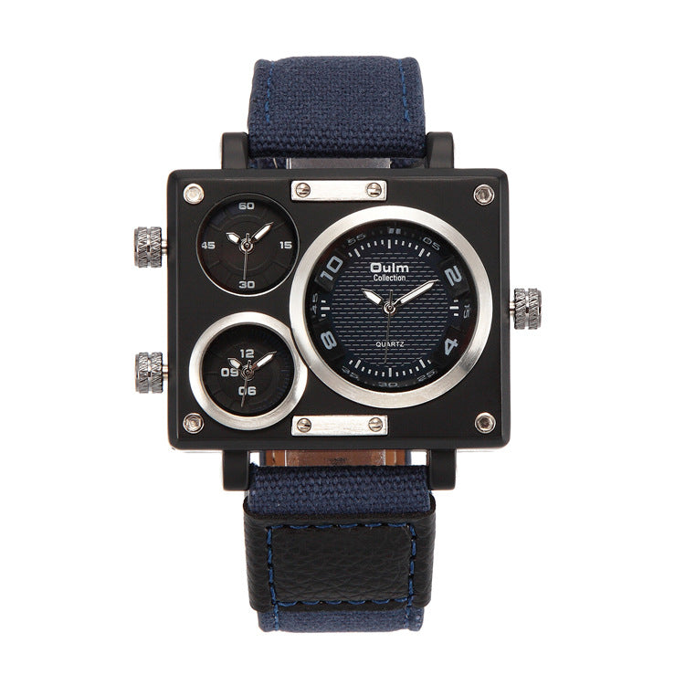 Men&#39;s Multi Time Zone Canvas Square Dial Plate Watch
