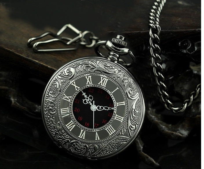 Large black classic Roman word double pocket watch Vintage necklace Men&#39;s and women&#39;s antique pocket watch