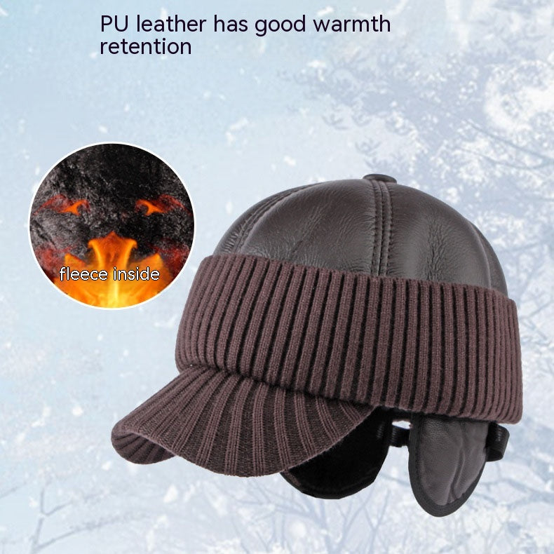 Men&#39;s Winter Leather Earflaps Warm PU Thickened Baseball Cap Hat