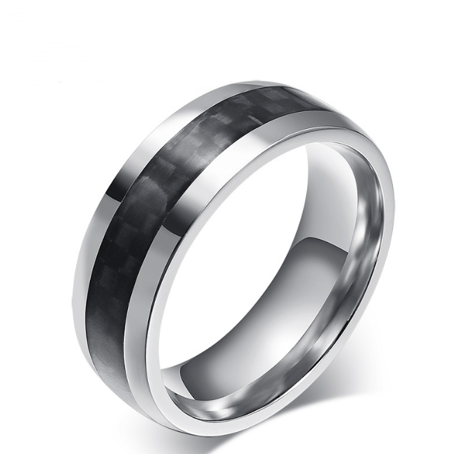 Black Carbon Fiber Inlay Men&#39;s Wedding Brand Ring Stainless Steel Jewelry Dropshopping 8mm