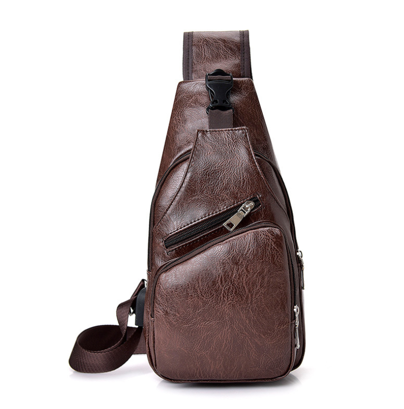 Backpack Male USB Charging Anti-theft Chest Bag Casual Retro Pu Shoulder Bag Men&#39;s Outdoor Riding Sports Messenger Bag