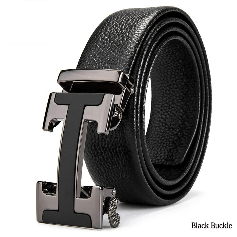 Automatic buckle men&#39;s belt leather lychee pattern
