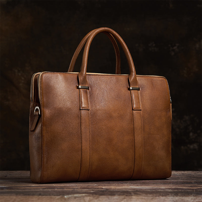 Vintage Vegetable Tanned Leather Men&#39;s First Layer Cowhide Casual Business Handbag
