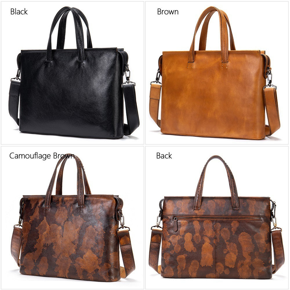 Men&#39;s Briefcase Business Casual First Layer Leather 14 Inch Portable