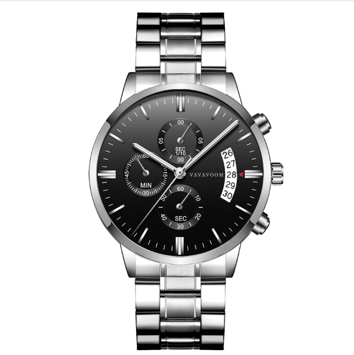 Men\&#39;s Stainless Steel Watches with Business Leisure Calendar Quartz Watches Waterproof Black Refined Steel Watches