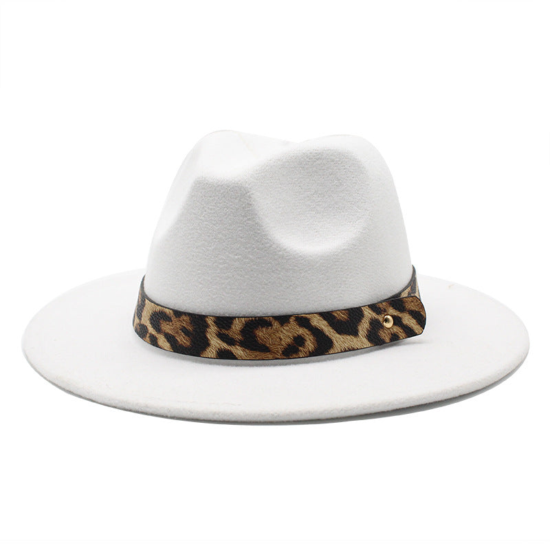 Men&#39;s Fashion Leopard Print Woolen Big Brim Top Hat