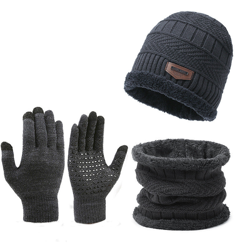 Men&#39;s Winter Scarf Gloves Three-piece Set Fleece-lined Warm Knitted Hat