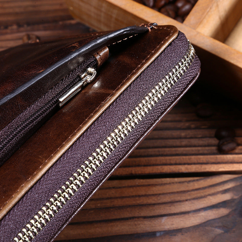 Vintage oil wax leather men&#39;s long wallet