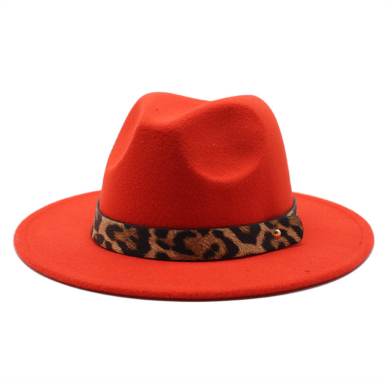 Men&#39;s Fashion Leopard Print Woolen Big Brim Top Hat