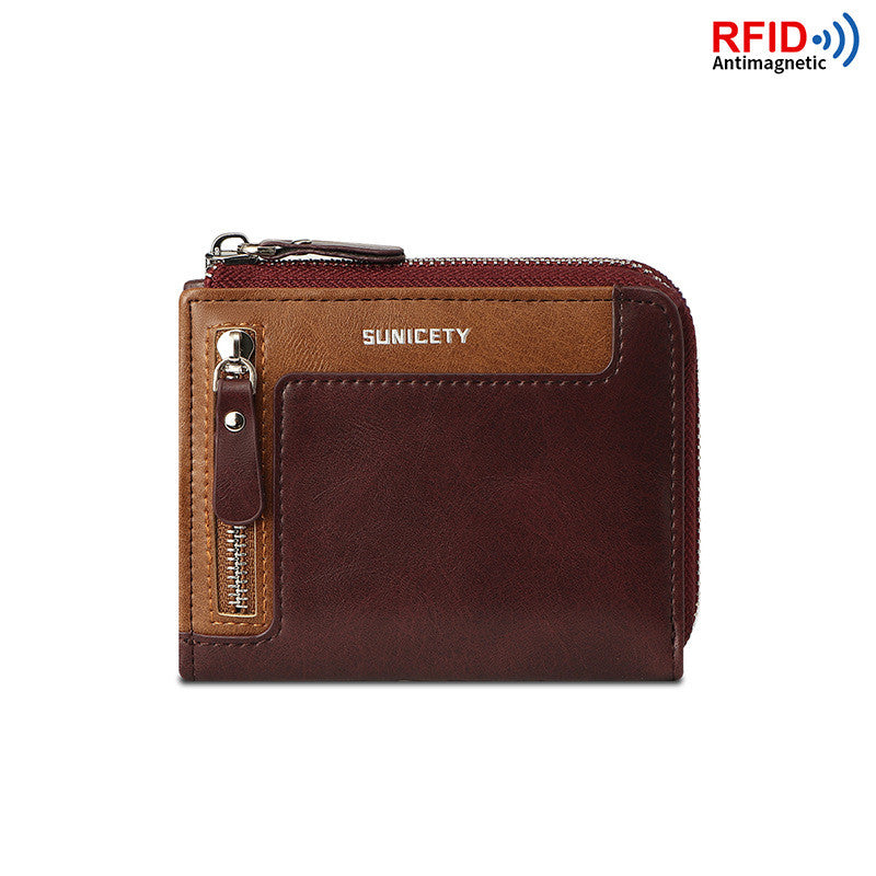 Men&#39;s Short Fashion Leather Zipper RFID Wallet