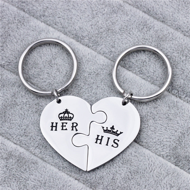 Couple Peach Heart Puzzle HIS HER Titanium Steel Keychain