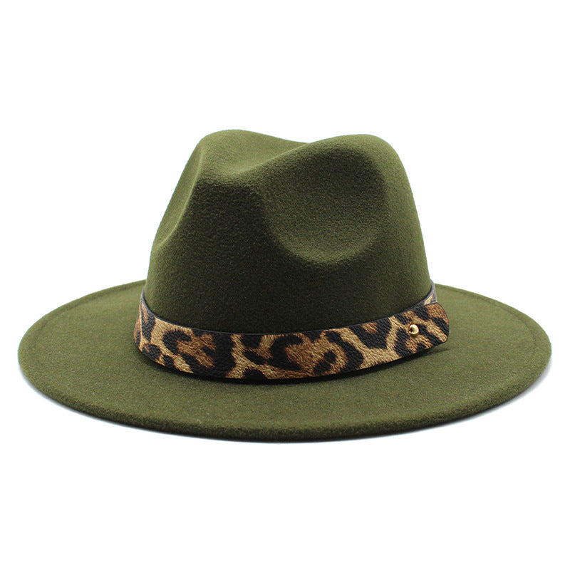 Men&#39;s Fashion Leopard Print Woolen Big Brim Top Hat