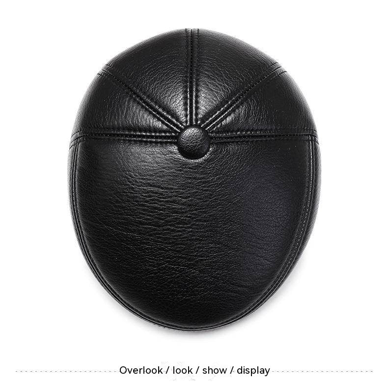 Grandpa Leather Hat Men&#39;s Autumn And Winter Fleece-lined Warm Leisure PU Ears Protection Peaked Cap